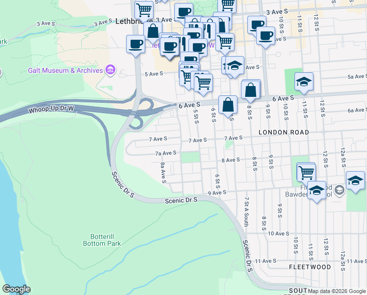map of restaurants, bars, coffee shops, grocery stores, and more near 711 4 Street South in Lethbridge