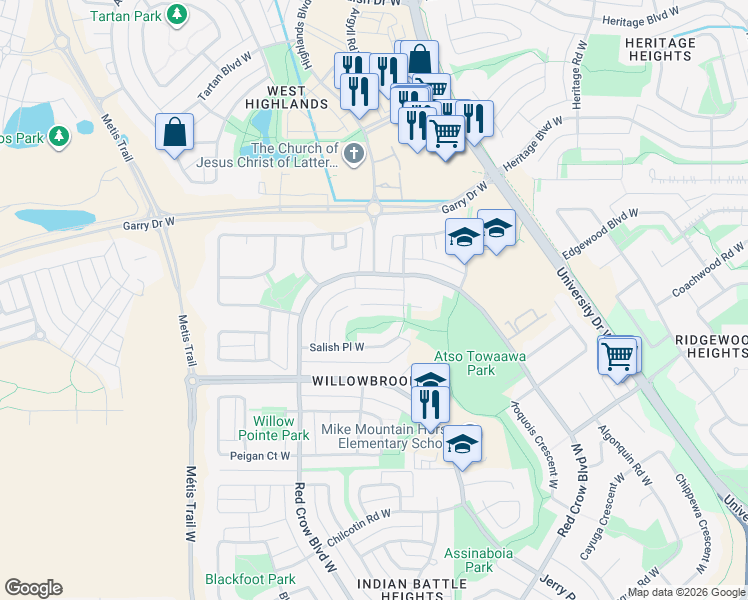 map of restaurants, bars, coffee shops, grocery stores, and more near 26 Sarcee Place West in Lethbridge