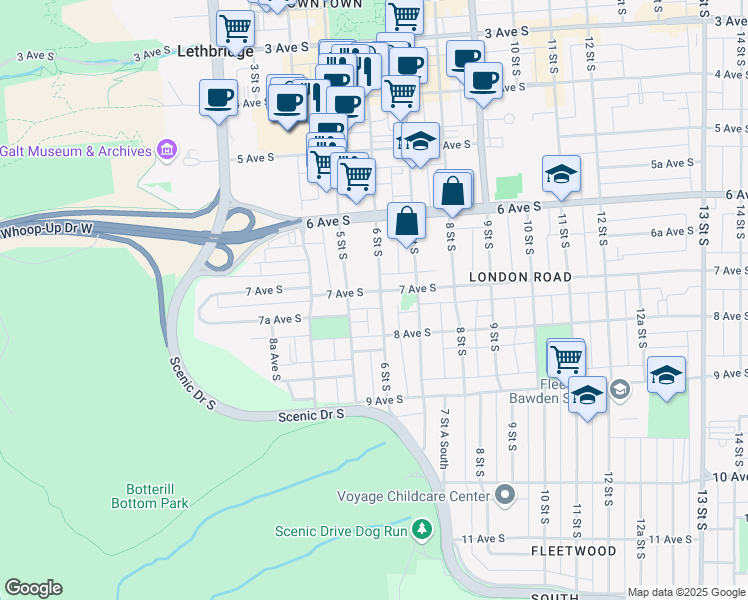 map of restaurants, bars, coffee shops, grocery stores, and more near 509 7 Avenue South in Lethbridge