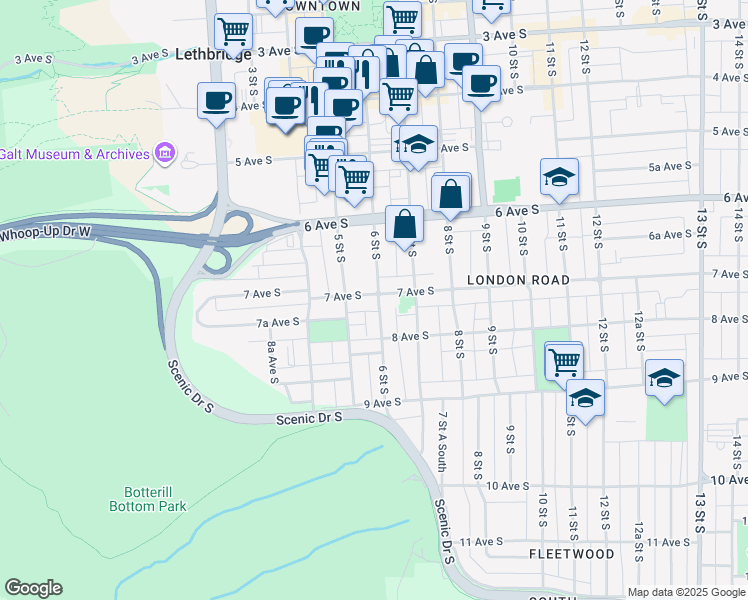 map of restaurants, bars, coffee shops, grocery stores, and more near 526 7 Avenue South in Lethbridge