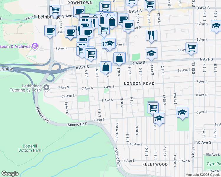 map of restaurants, bars, coffee shops, grocery stores, and more near 702 7 Avenue South in Lethbridge