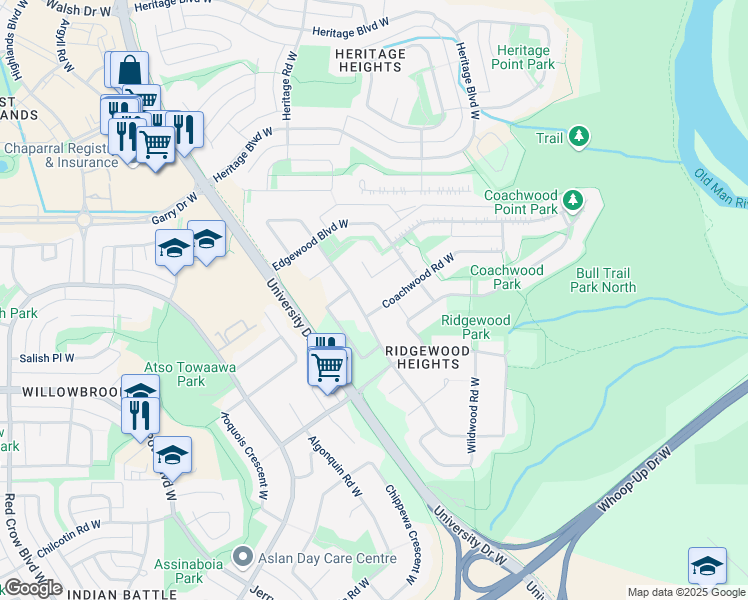 map of restaurants, bars, coffee shops, grocery stores, and more near in Lethbridge