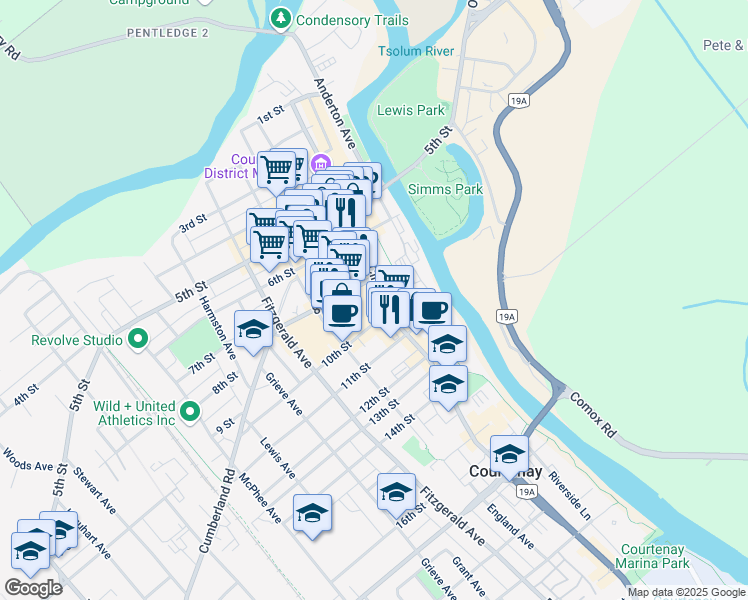 map of restaurants, bars, coffee shops, grocery stores, and more near 230 8th Street in Courtenay