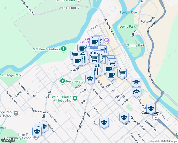 map of restaurants, bars, coffee shops, grocery stores, and more near 536 6 Street in Courtenay