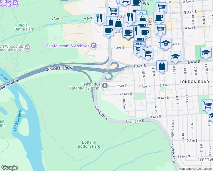 map of restaurants, bars, coffee shops, grocery stores, and more near 115 7 Avenue South in Lethbridge