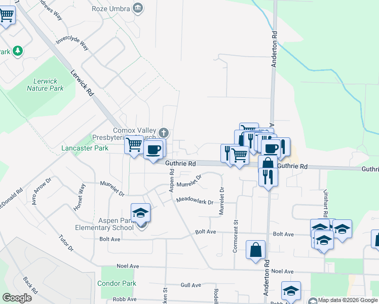 map of restaurants, bars, coffee shops, grocery stores, and more near 720 Aspen Road in Comox