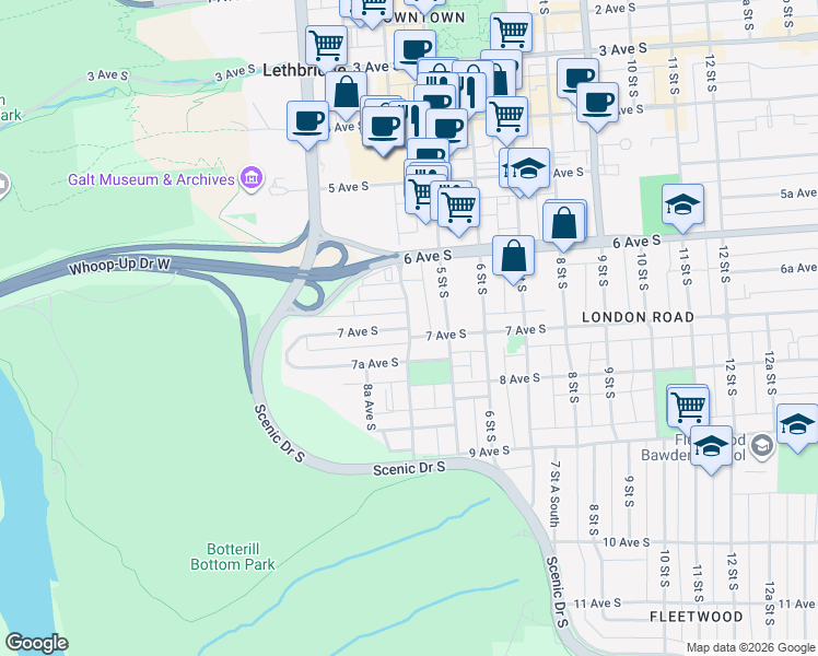 map of restaurants, bars, coffee shops, grocery stores, and more near 7 Avenue South in Lethbridge