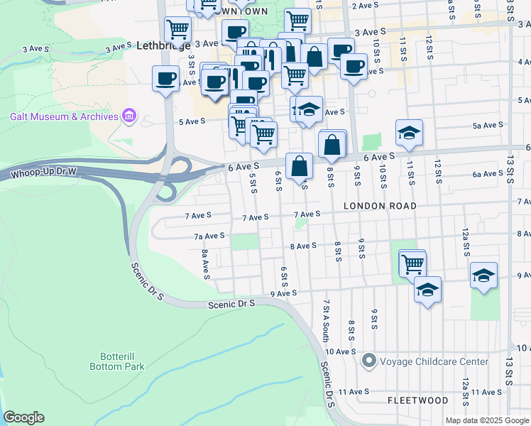 map of restaurants, bars, coffee shops, grocery stores, and more near 509 7 Avenue South in Lethbridge