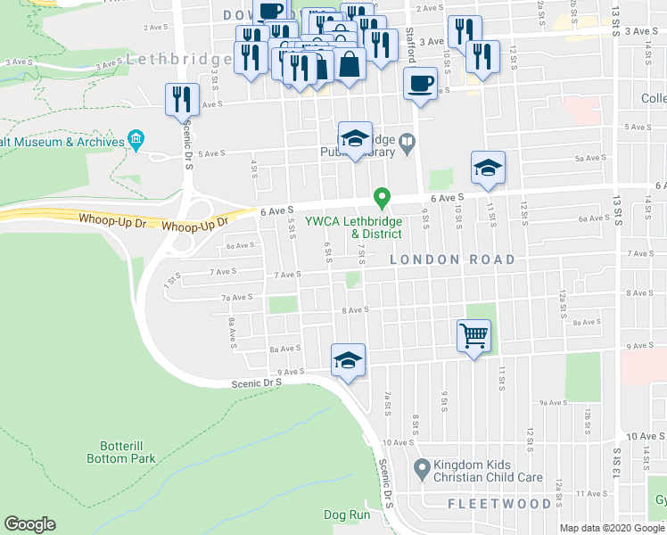 map of restaurants, bars, coffee shops, grocery stores, and more near 603 7 Avenue South in Lethbridge