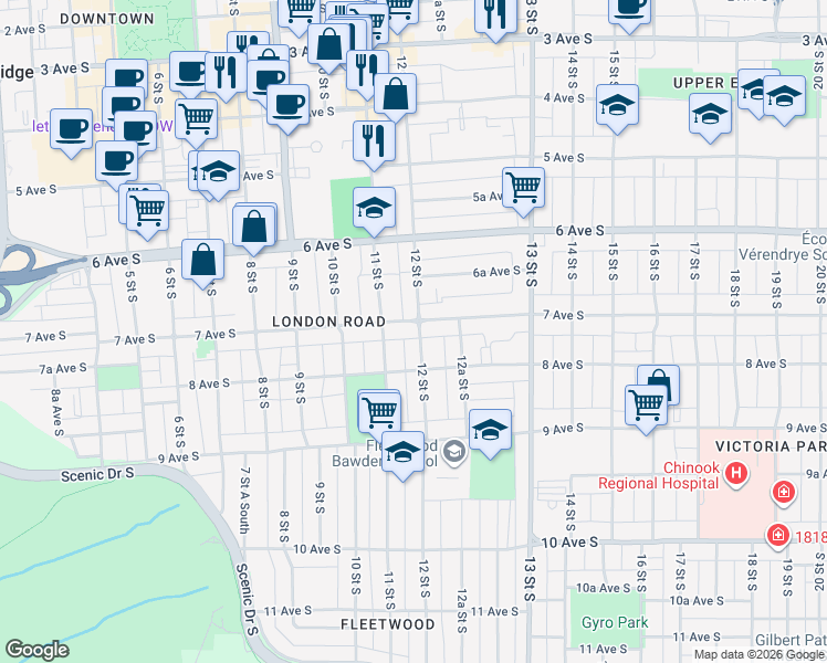 map of restaurants, bars, coffee shops, grocery stores, and more near 1122 7 Avenue South in Lethbridge