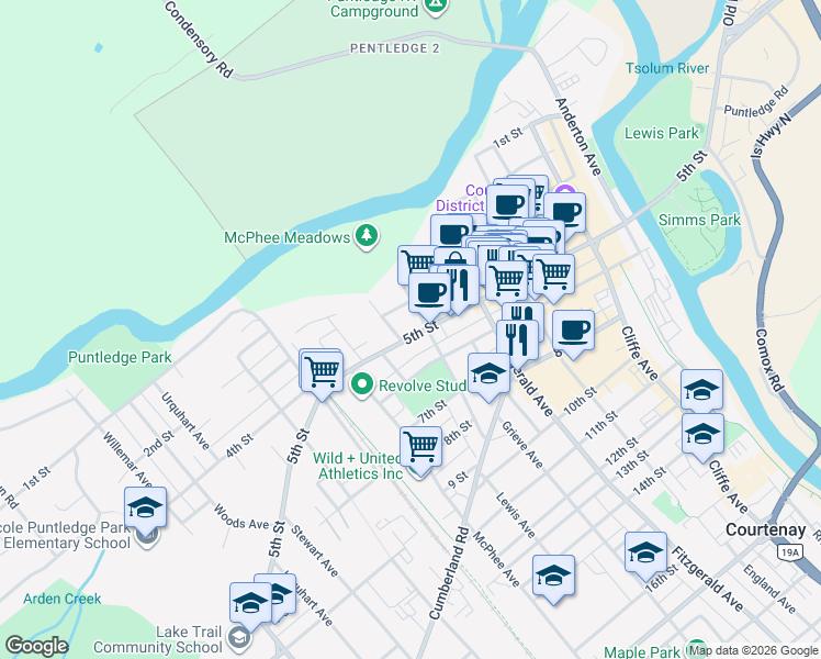map of restaurants, bars, coffee shops, grocery stores, and more near 649 5th Street in Courtenay