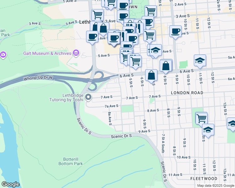 map of restaurants, bars, coffee shops, grocery stores, and more near 323 7 Avenue South in Lethbridge