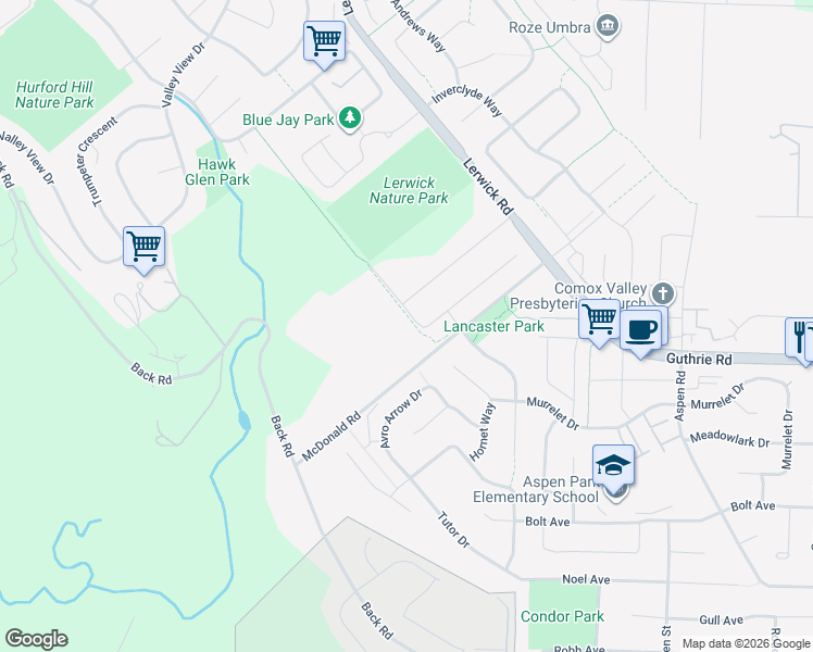map of restaurants, bars, coffee shops, grocery stores, and more near 1800 McDonald Road in Courtenay