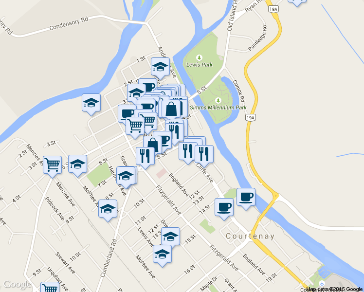 map of restaurants, bars, coffee shops, grocery stores, and more near 230 8th Street in Courtenay