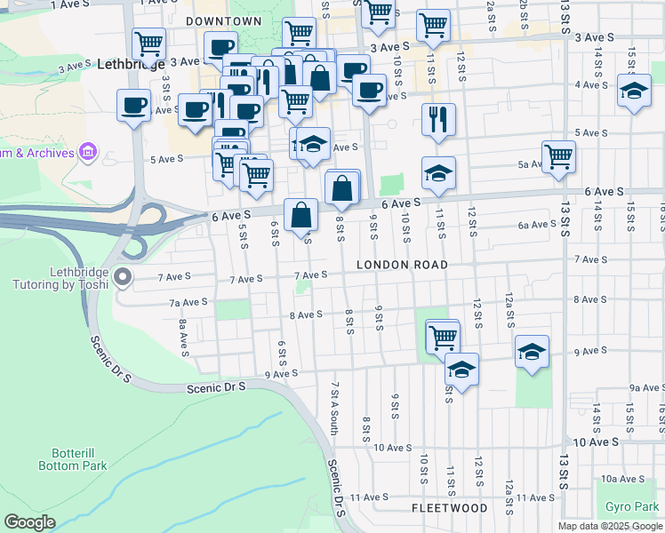 map of restaurants, bars, coffee shops, grocery stores, and more near 702 7 Avenue South in Lethbridge