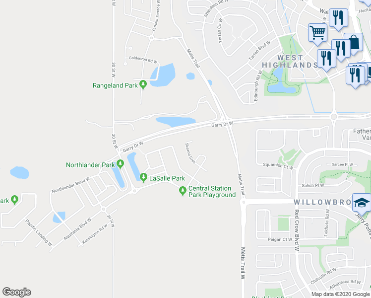 map of restaurants, bars, coffee shops, grocery stores, and more near 115 Cabot Landing West in Lethbridge