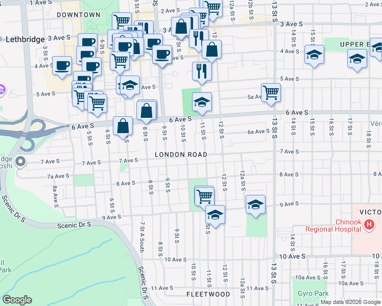 map of restaurants, bars, coffee shops, grocery stores, and more near 1007 7 Avenue South in Lethbridge