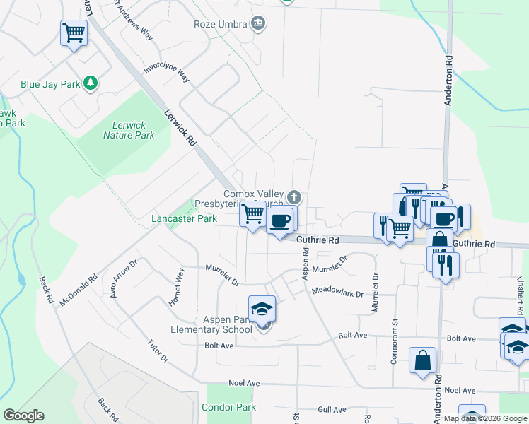 map of restaurants, bars, coffee shops, grocery stores, and more near 2225 Guthrie Road in Comox