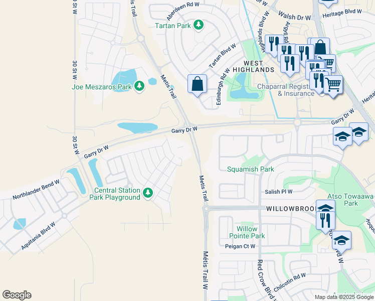 map of restaurants, bars, coffee shops, grocery stores, and more near 525 Cabot Landing West in Lethbridge