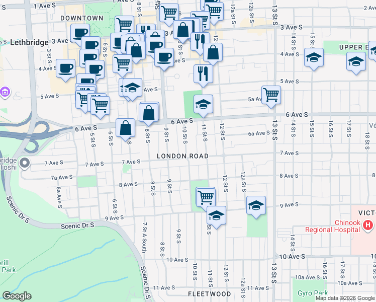 map of restaurants, bars, coffee shops, grocery stores, and more near 10 Street South in Lethbridge