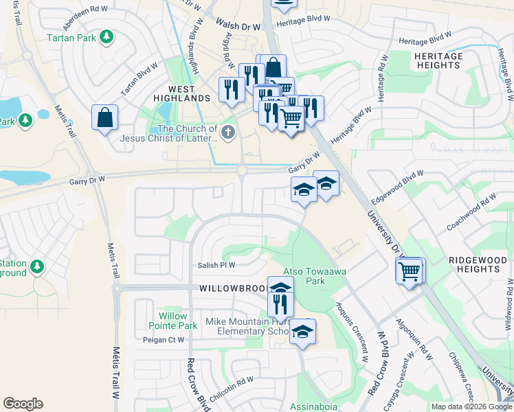 map of restaurants, bars, coffee shops, grocery stores, and more near 123 Stoney Crescent West in Lethbridge