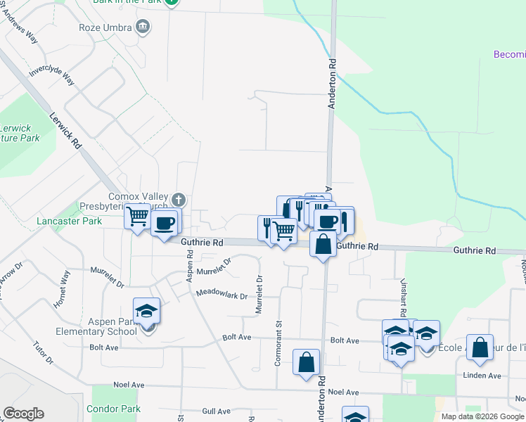 map of restaurants, bars, coffee shops, grocery stores, and more near 2102 Stadacona Drive in Comox