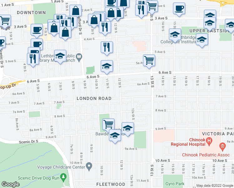 map of restaurants, bars, coffee shops, grocery stores, and more near 646 12 Street South in Lethbridge