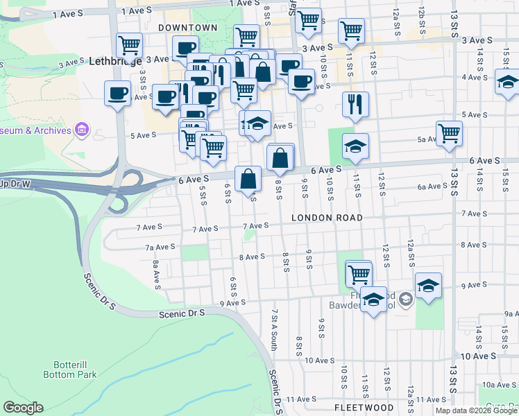 map of restaurants, bars, coffee shops, grocery stores, and more near 635 7 Street South in Lethbridge