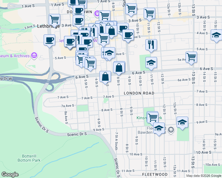 map of restaurants, bars, coffee shops, grocery stores, and more near 706 7 Avenue South in Lethbridge