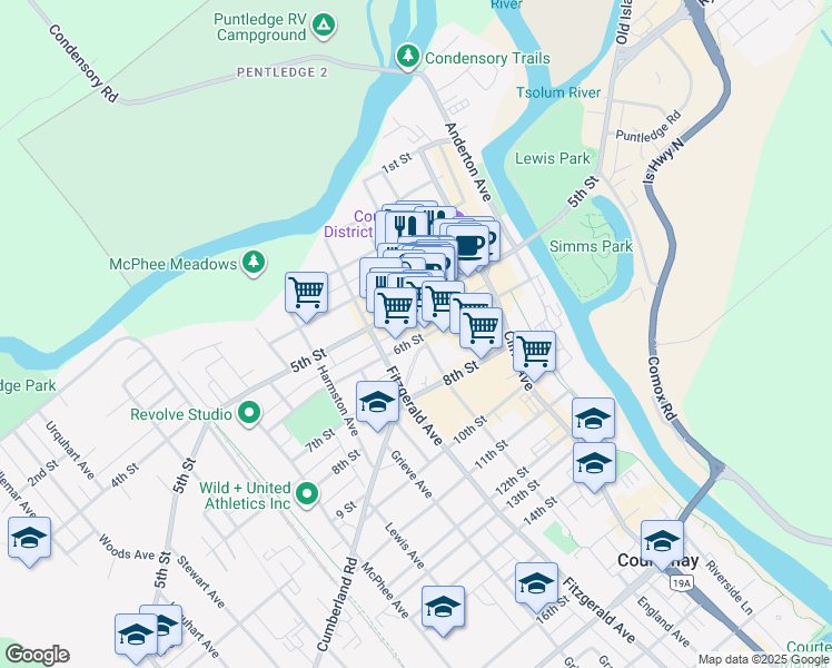 map of restaurants, bars, coffee shops, grocery stores, and more near in Courtenay