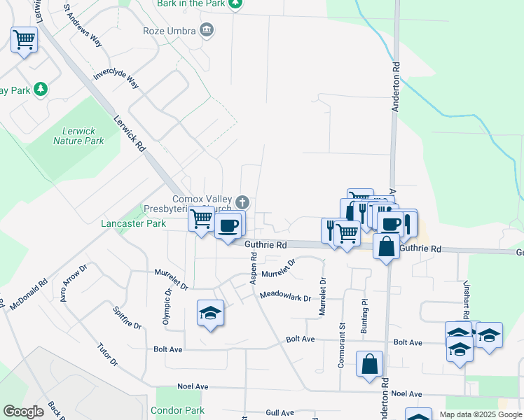 map of restaurants, bars, coffee shops, grocery stores, and more near 730 Aspen Road in Comox