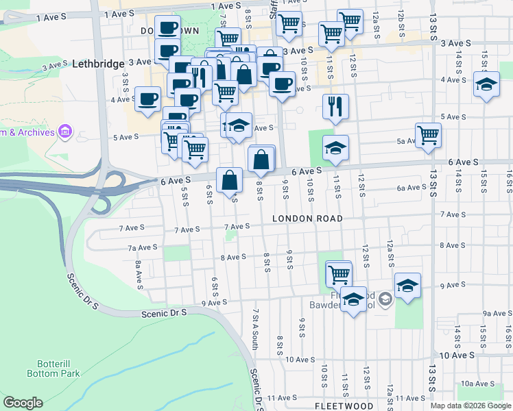 map of restaurants, bars, coffee shops, grocery stores, and more near 638 8 Street South in Lethbridge