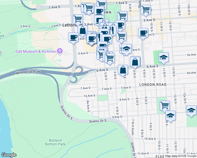 map of restaurants, bars, coffee shops, grocery stores, and more near 623 4 Street South in Lethbridge