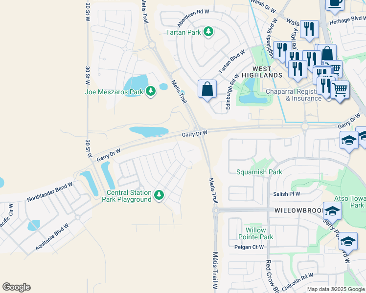 map of restaurants, bars, coffee shops, grocery stores, and more near 505 Cabot Landing West in Lethbridge