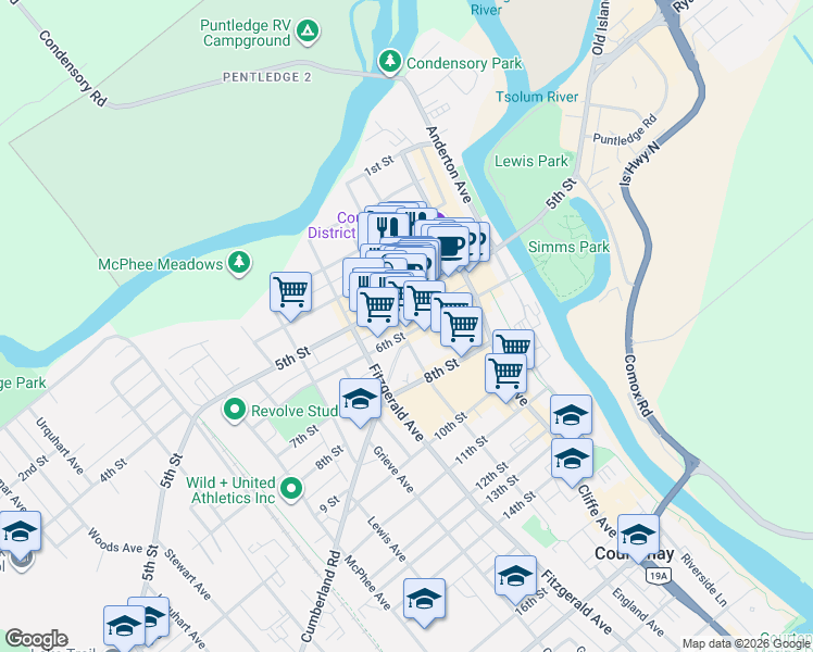 map of restaurants, bars, coffee shops, grocery stores, and more near 576 England Avenue in Courtenay
