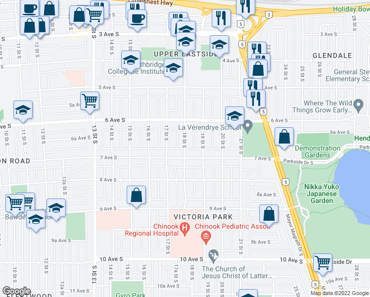 map of restaurants, bars, coffee shops, grocery stores, and more near 636 18 Street South in Lethbridge