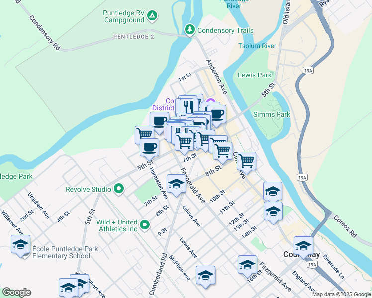 map of restaurants, bars, coffee shops, grocery stores, and more near 444 5th Street in Courtenay