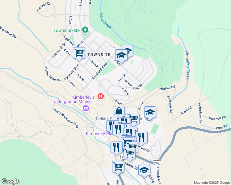map of restaurants, bars, coffee shops, grocery stores, and more near 425 Creston Street in Kimberley