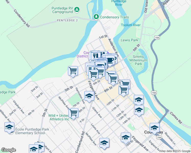map of restaurants, bars, coffee shops, grocery stores, and more near 368 5th Street in Courtenay