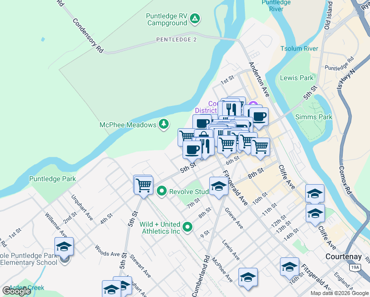 map of restaurants, bars, coffee shops, grocery stores, and more near 603 4th Street in Courtenay