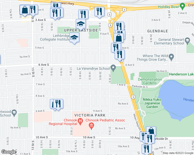 map of restaurants, bars, coffee shops, grocery stores, and more near 636 20 Street South in Lethbridge