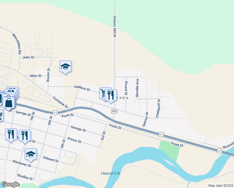 map of restaurants, bars, coffee shops, grocery stores, and more near 15 Ontario 11 in Hearst