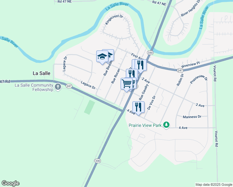 map of restaurants, bars, coffee shops, grocery stores, and more near 65 Degagne Street in La Salle