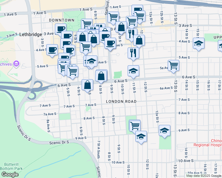 map of restaurants, bars, coffee shops, grocery stores, and more near 615 9 Street South in Lethbridge