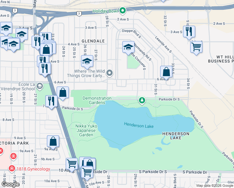 map of restaurants, bars, coffee shops, grocery stores, and more near 2827 Parkside Drive South in Lethbridge