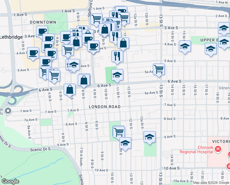 map of restaurants, bars, coffee shops, grocery stores, and more near 620 11 Street South in Lethbridge