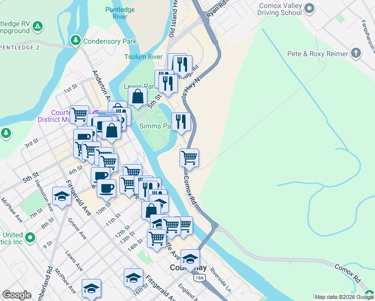 map of restaurants, bars, coffee shops, grocery stores, and more near Comox Road in Courtenay