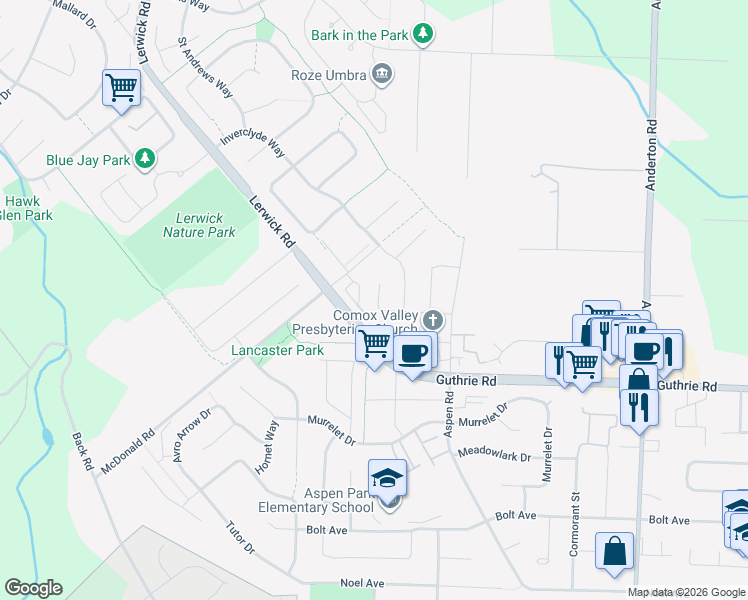 map of restaurants, bars, coffee shops, grocery stores, and more near 2295 Neptune Way in Comox