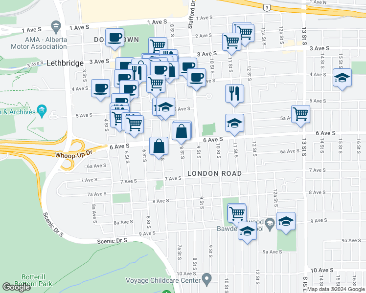 map of restaurants, bars, coffee shops, grocery stores, and more near 601 8 Street South in Lethbridge