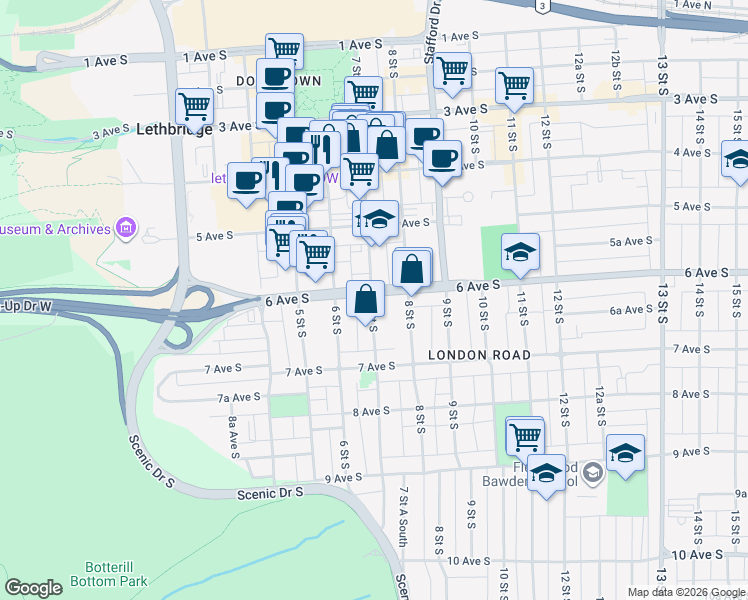 map of restaurants, bars, coffee shops, grocery stores, and more near 640 6 Avenue South in Lethbridge